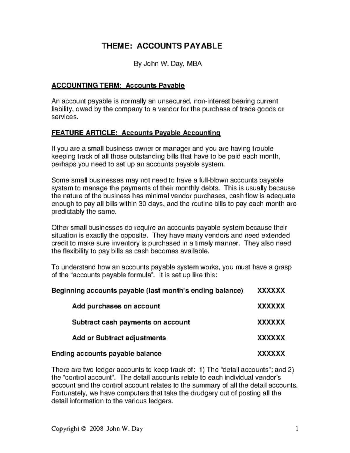 Article Theme Accounts Payable - THEME: ACCOUNTS PAYABLE By John W. Day ...