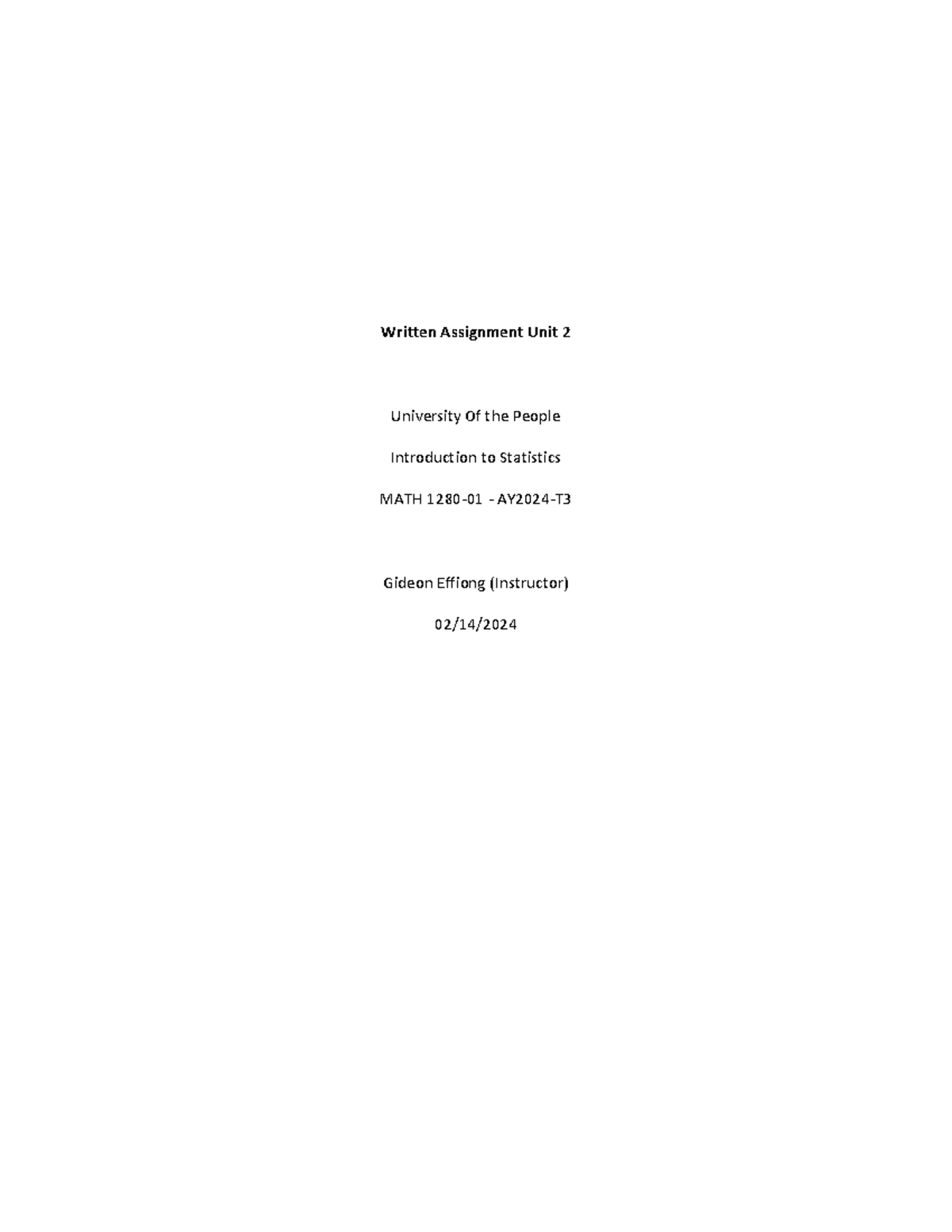 MATH 1280-01: Written Assignment Unit 2 - Introduction to Stats - Studocu