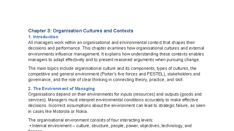 Principles of Management - Chapter 3: Org Cultures & Contexts - Studocu