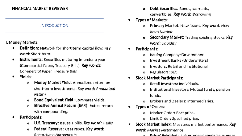 FIN 101: Comprehensive Financial Market Overview and Key Concepts - Studocu