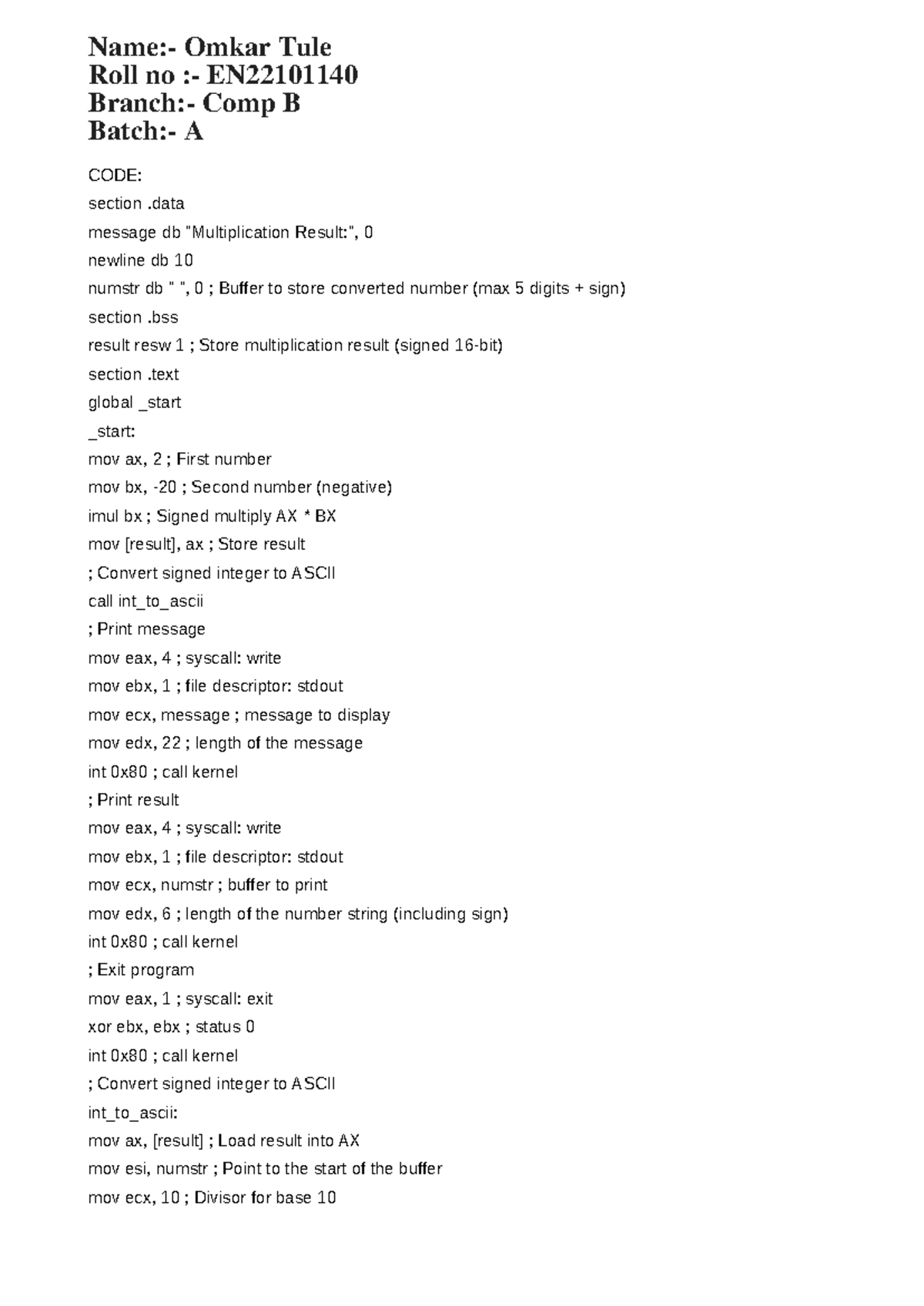 Assembly Language Program for Signed Multiplication - EN22101140 - Studocu