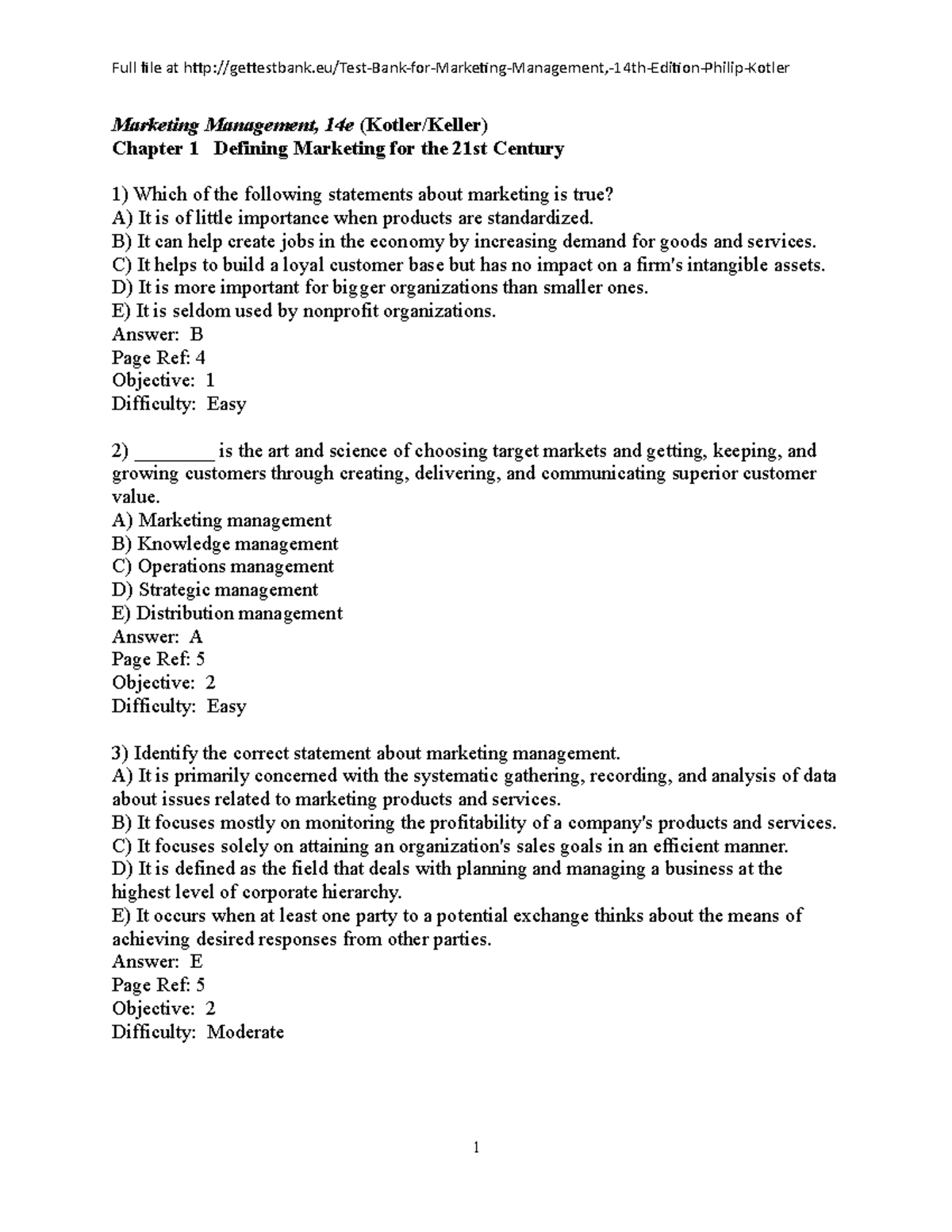 Test Bank for Marketing Management 14e: Chapter 1 Questions & Answers ...