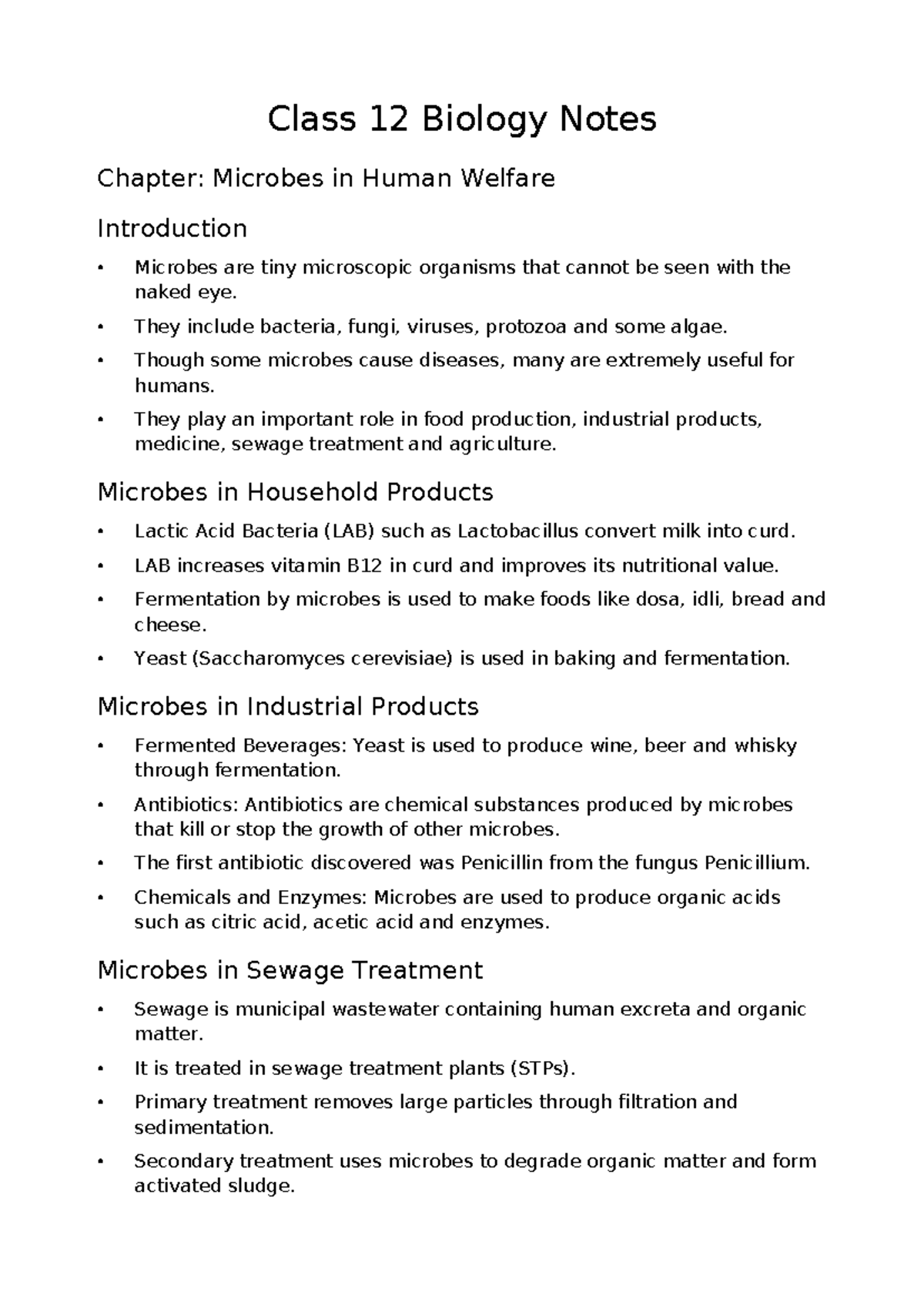 Class 12 Biology Notes: Microbes in Human Welfare - Studocu