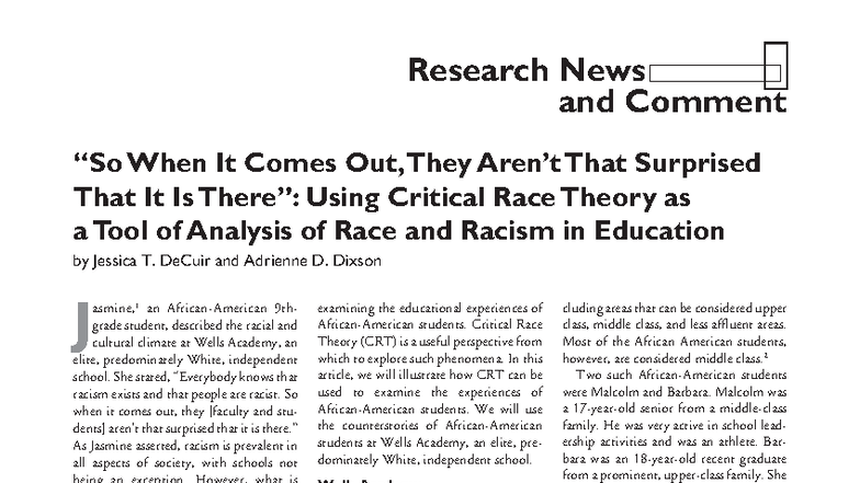 RC. Critical Race Theory: Analyzing Racism in Education - Studocu