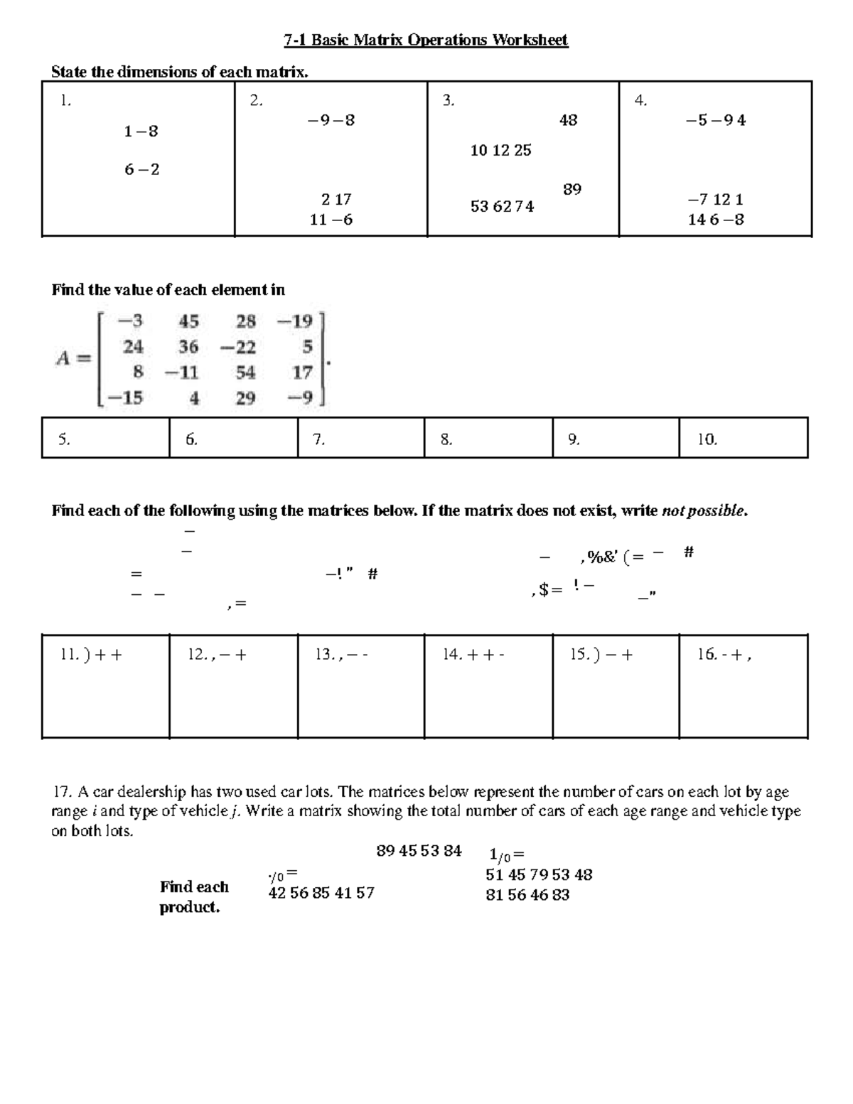 Matrices Basic Operations Worksheet: Dimensions & Calculations - Studocu