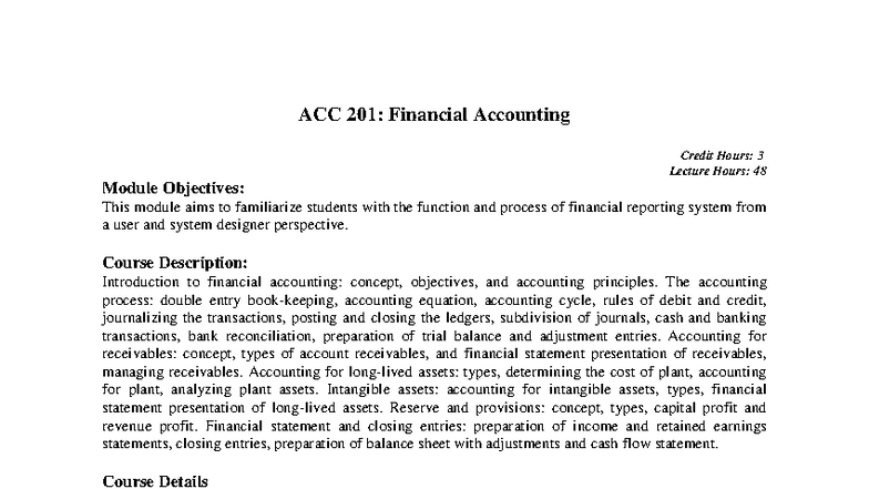 ACC 201: Financial Accounting Lecture Notes and Course Overview - Studocu