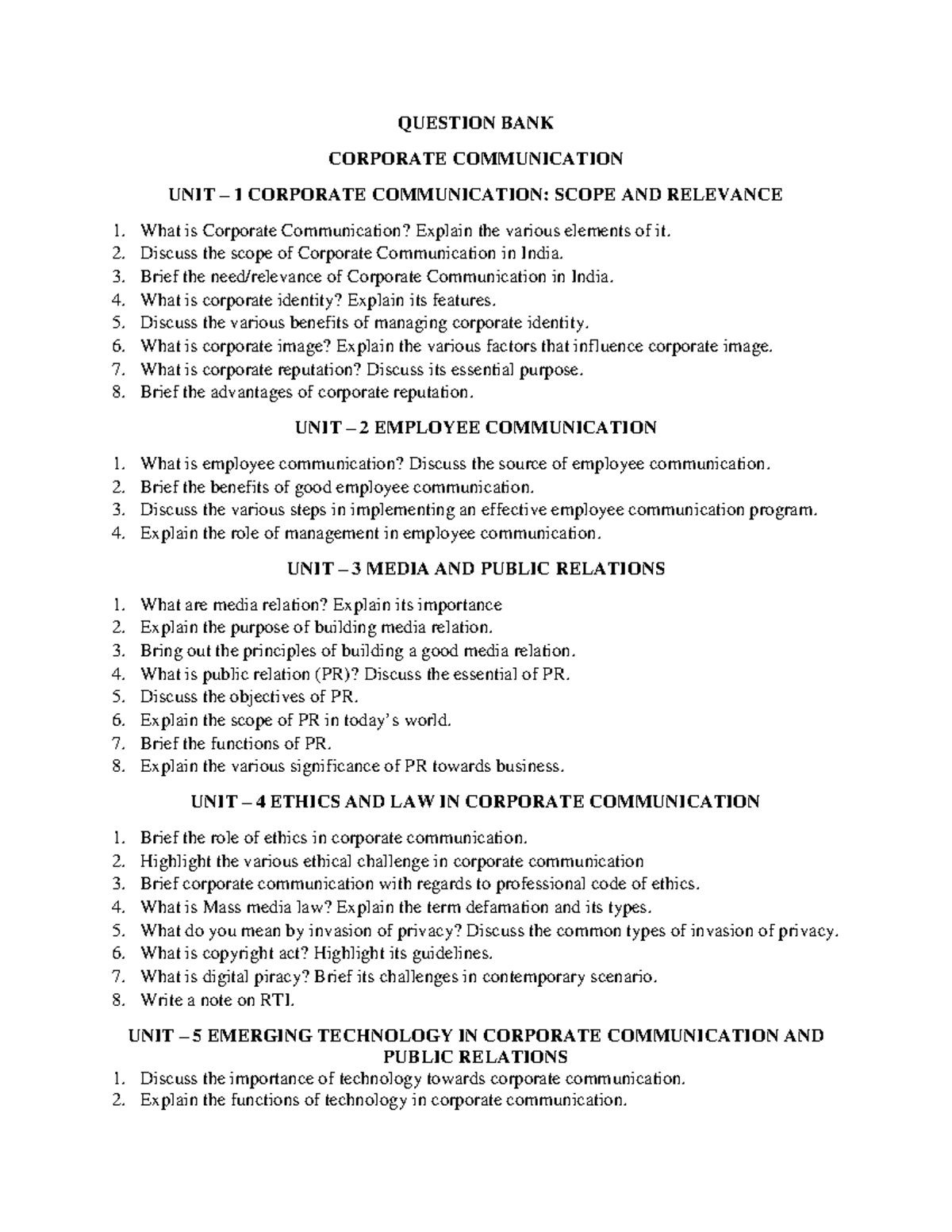 Corporate Communication (CC) - Comprehensive Question Bank Guide - Studocu