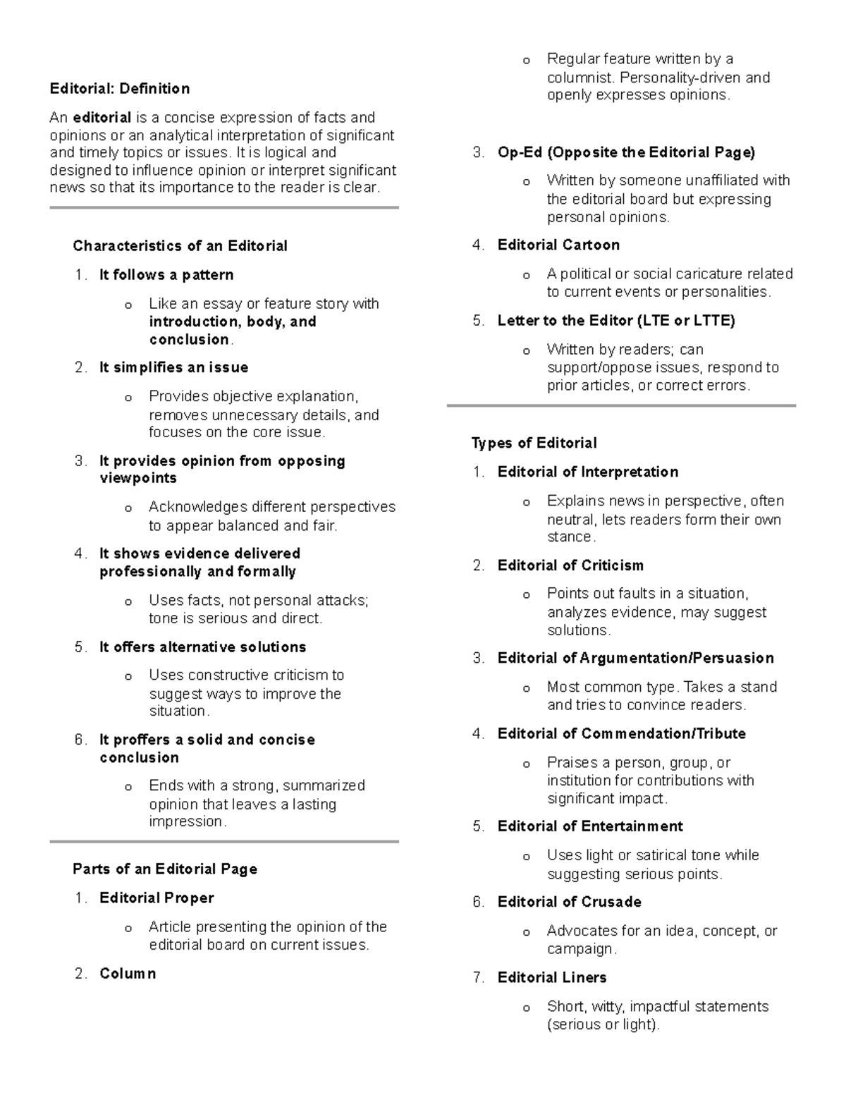 COM 002 - Editorials: Definition, Characteristics, and Functions - Studocu