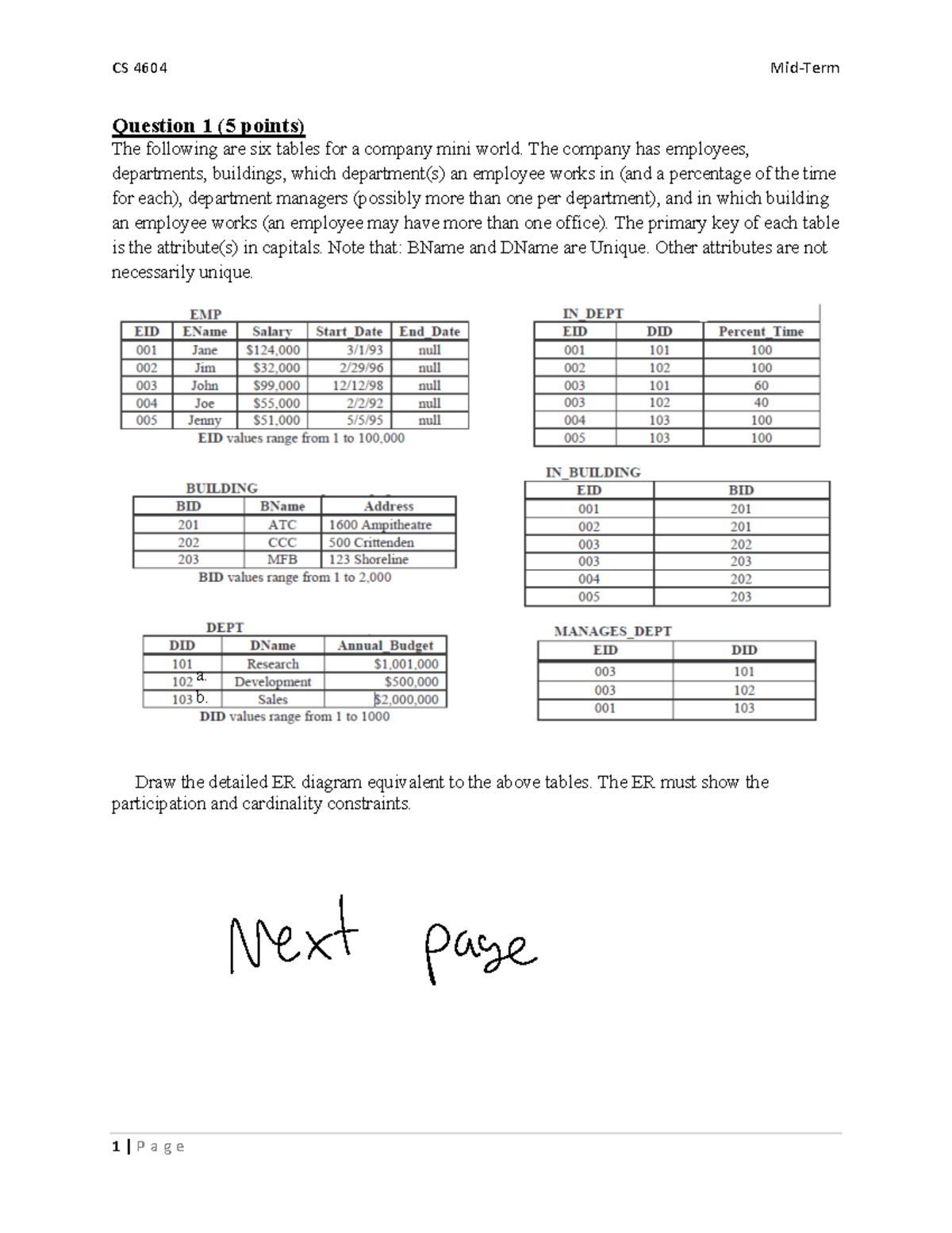 CS 4604 Midterm Sp2022 - ER Diagrams for Company Database - Studocu