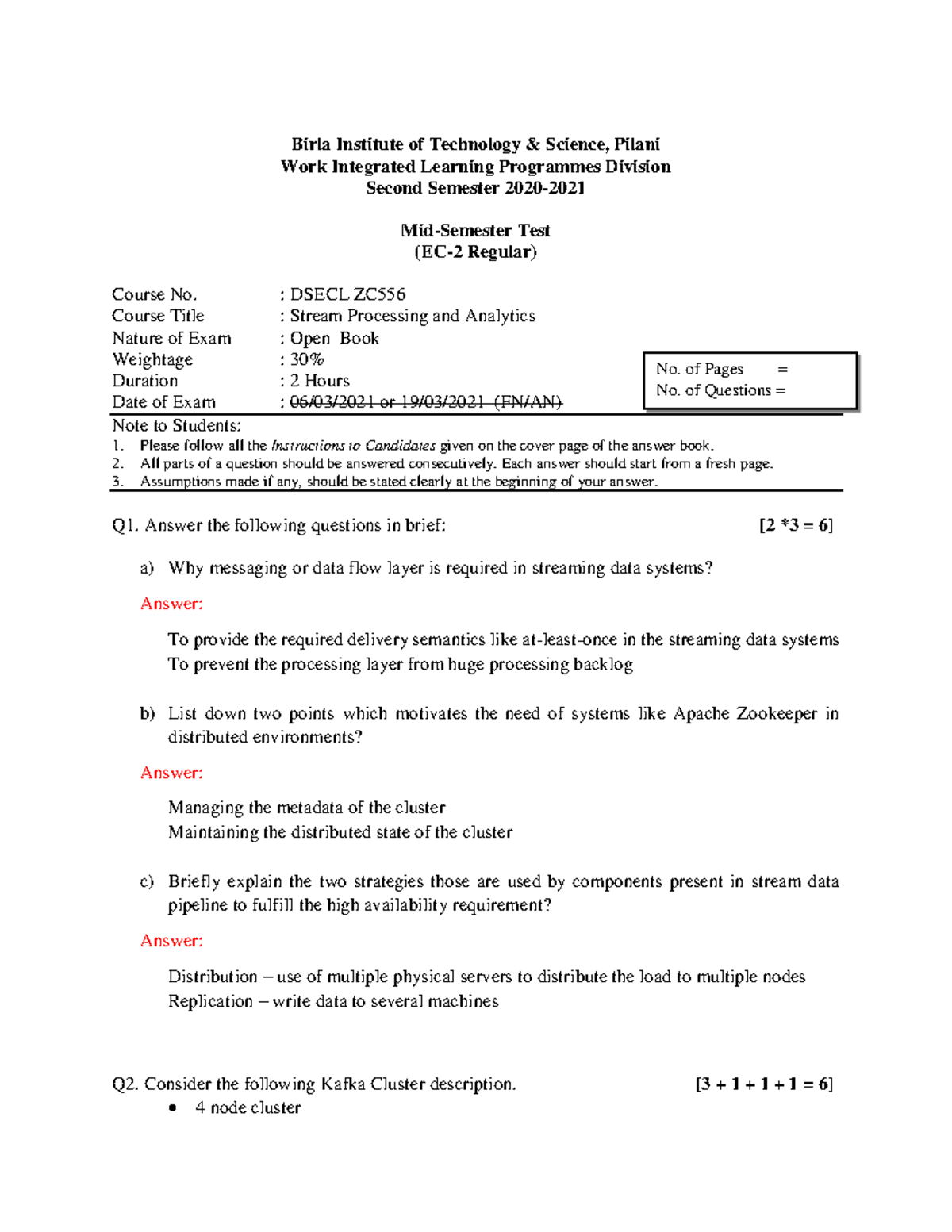 DSECL ZC556-SPA Mid-Semester Test Notes - Stream Processing & Analytics ...