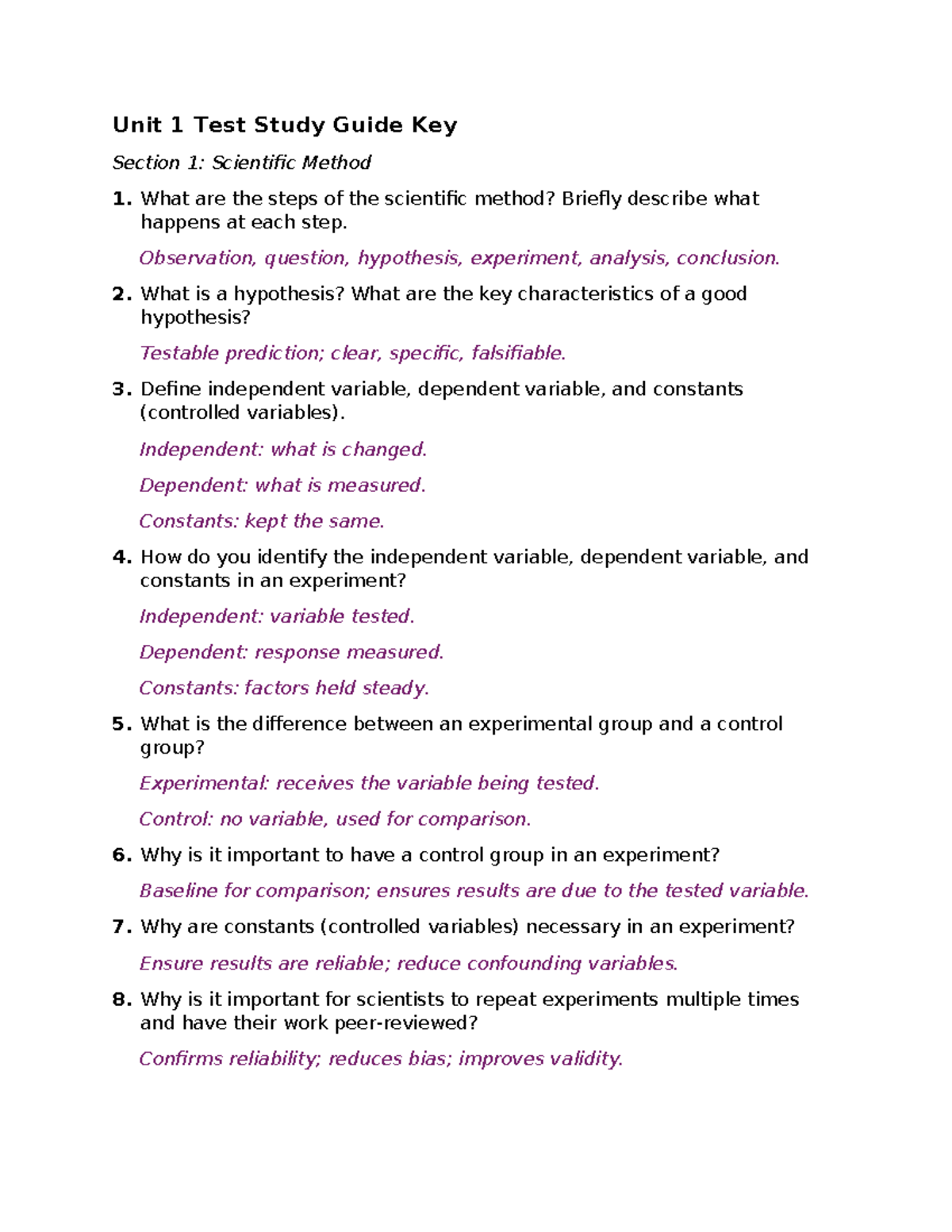Biology 101: Study Guide for Unit 1 Test on Macromolecules & Water ...