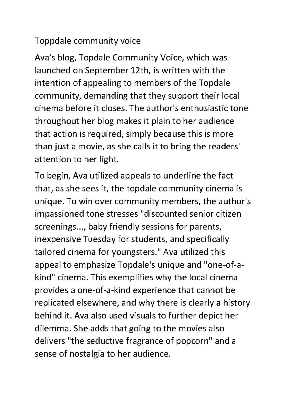 Toppdale Community Voice: Advocating for Local Cinema Support - Studocu