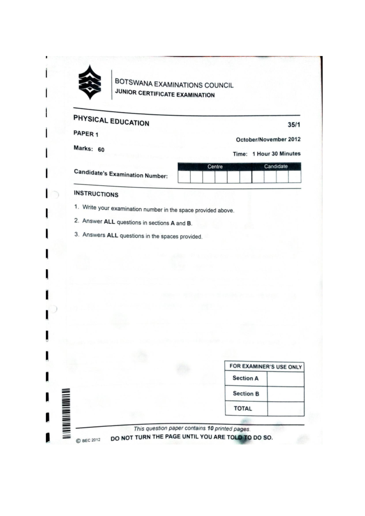 BEC 2012 Junior Certificate Physical Education Exam Paper 1 - Studocu