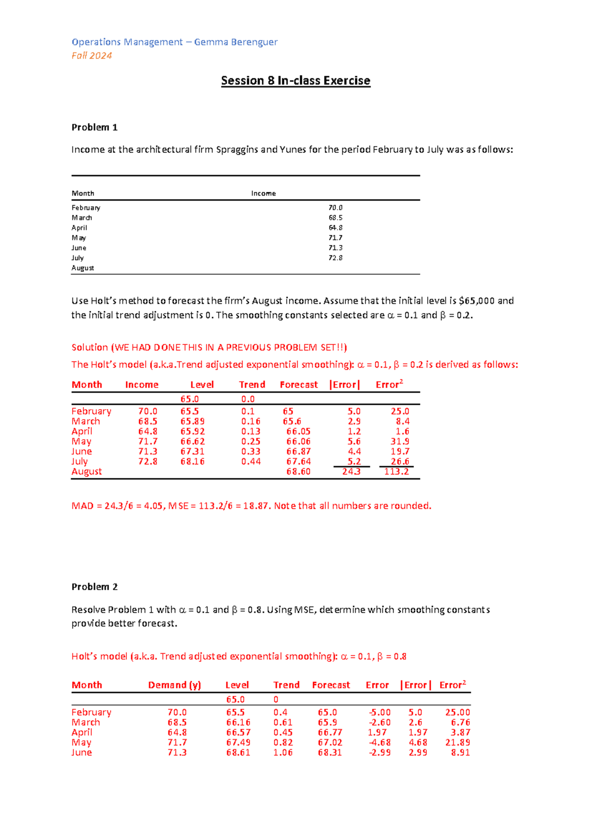 Session 8 OM - Forecasting In-Class Extra Exercises Solutions - Studocu