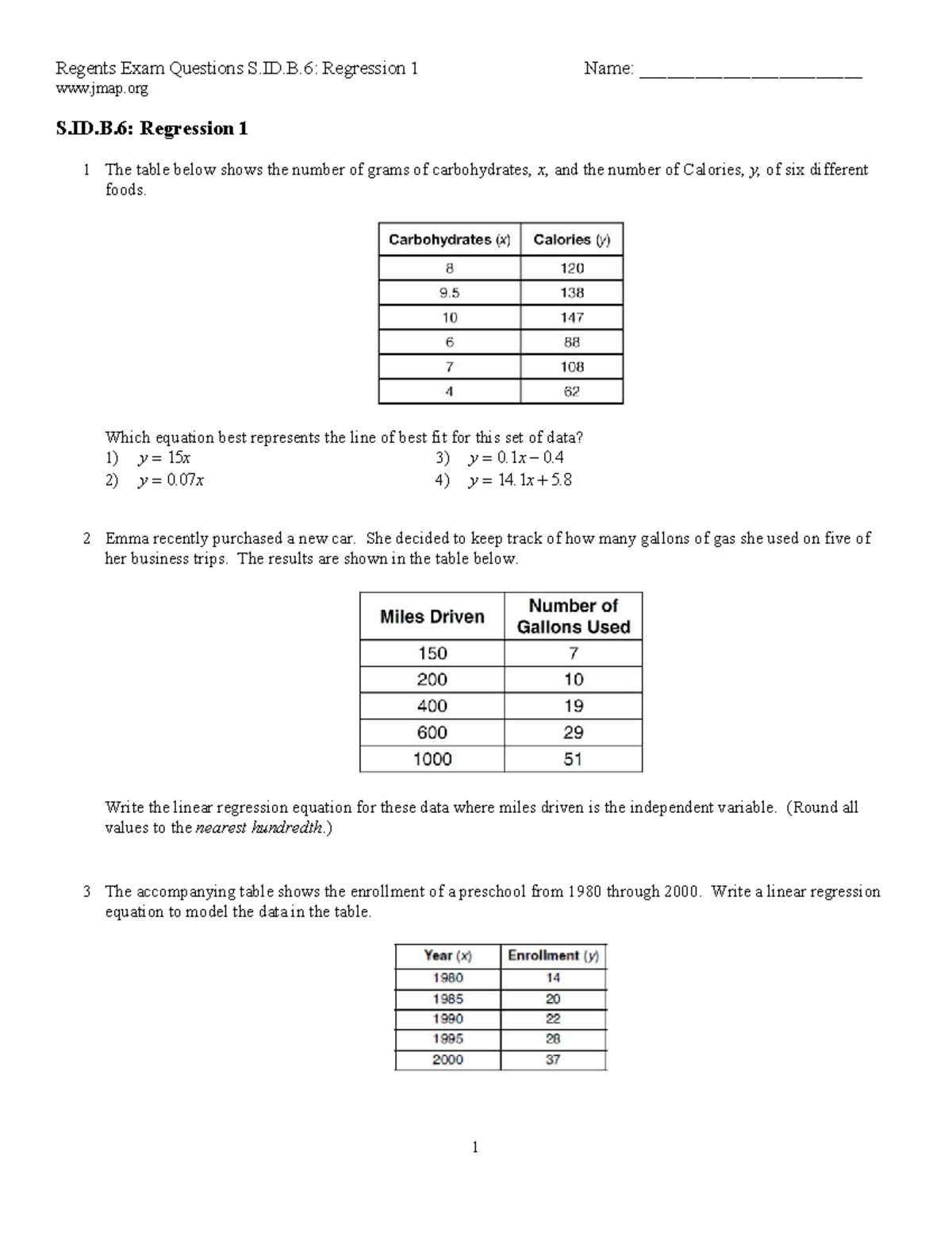 Regents Exam Questions S.ID.B.6: Linear Regression Practice Problems ...