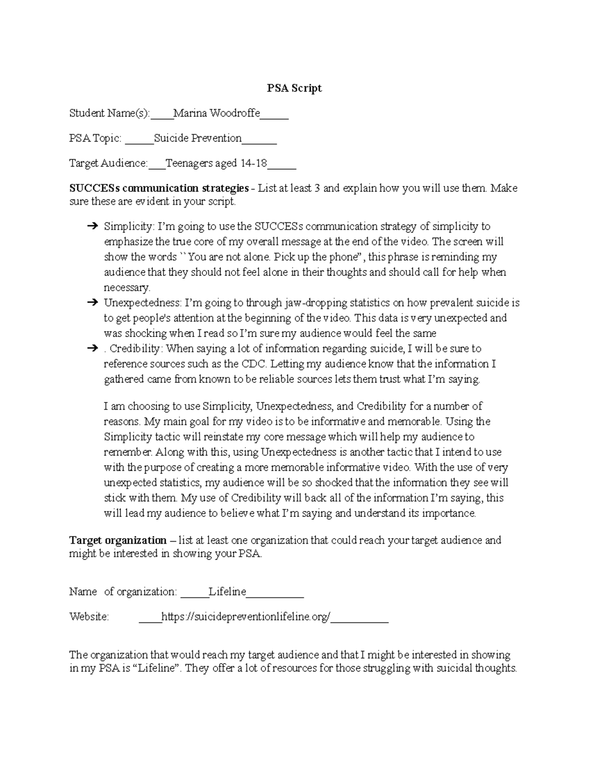 2022 PSA Script - Suicide Prevention Project for Teens - Studocu