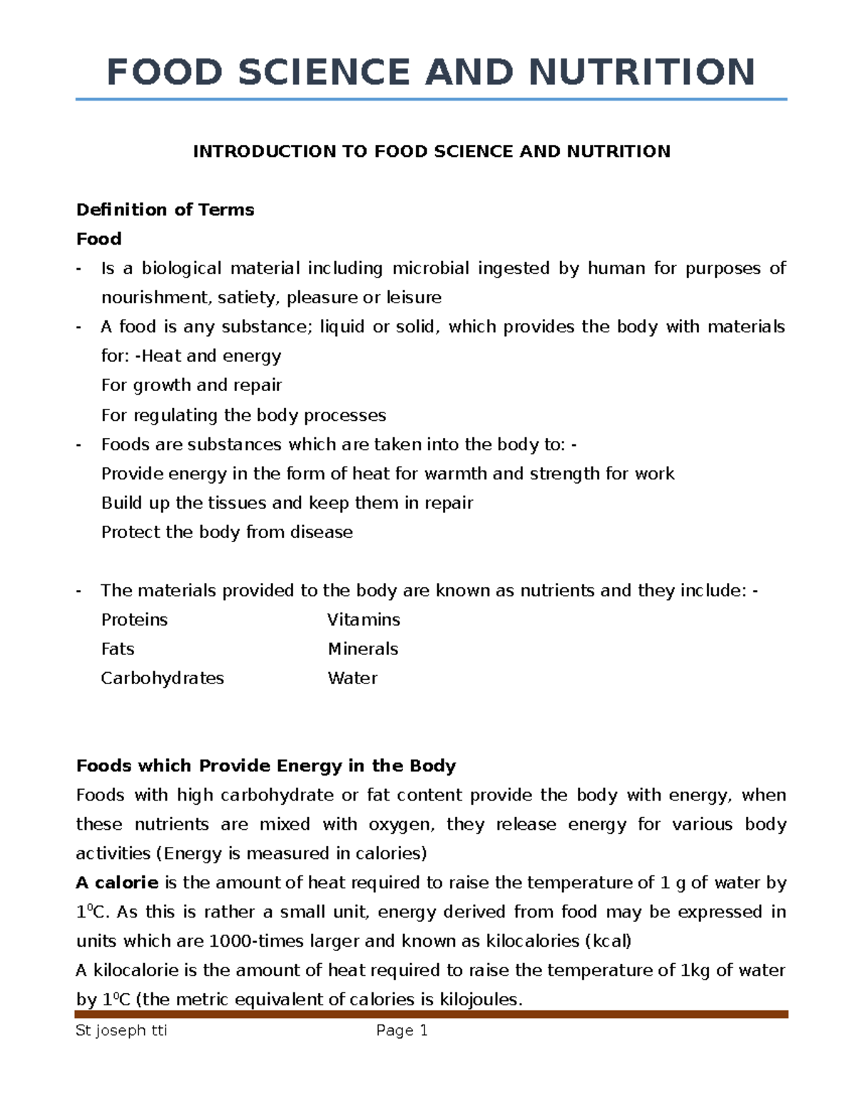 FOOD Science AND Nutrition Notes - FOOD SCIENCE AND NUTRITION ...
