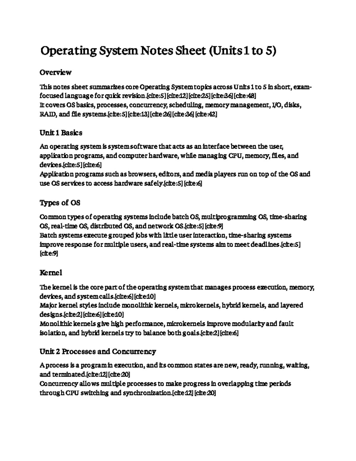 OS Notes Sheet: Key Concepts from Units 1 to 5 Overview - Studocu