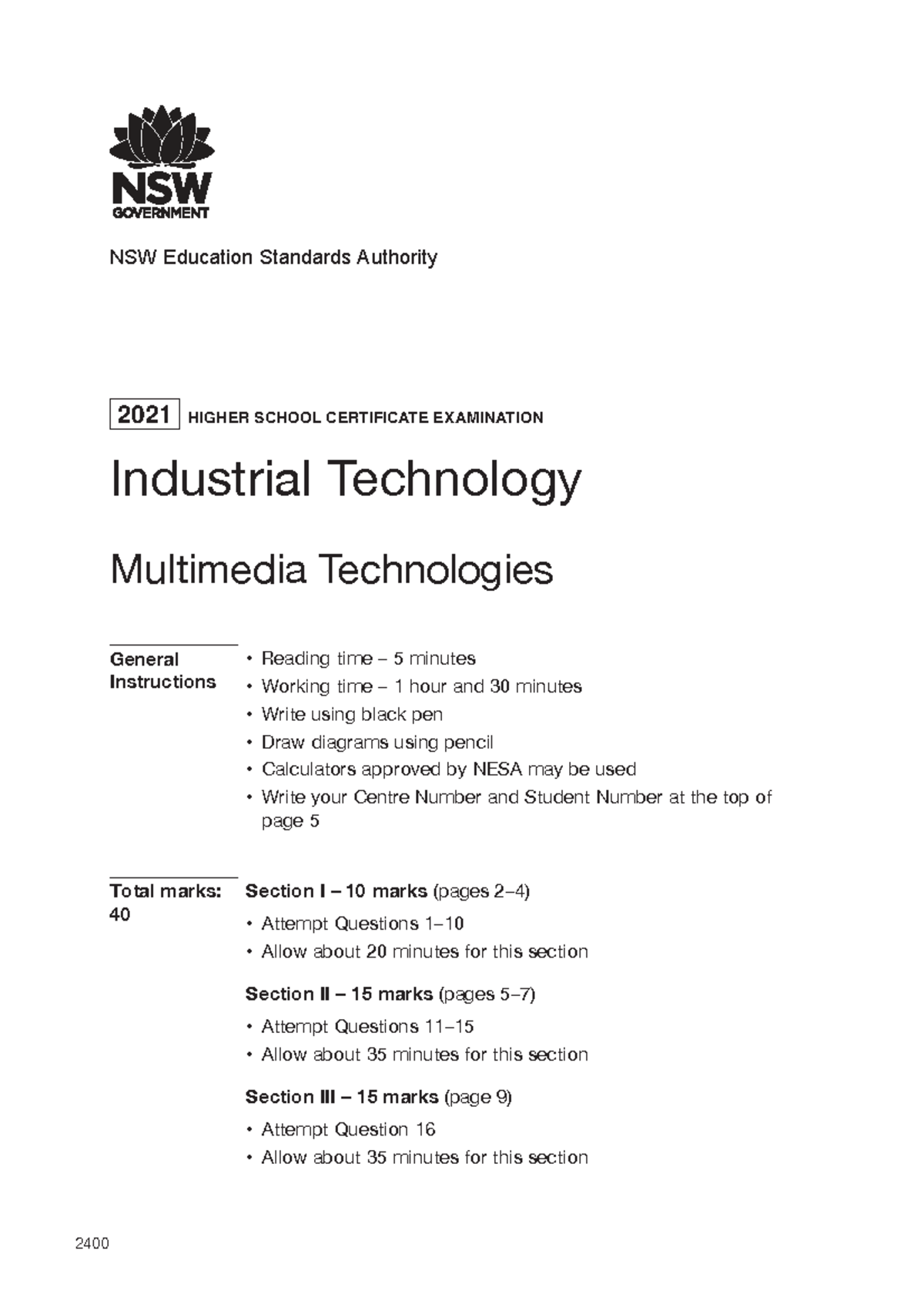 2021 HSC Industrial Technology Multimedia Exam Instructions - Studocu