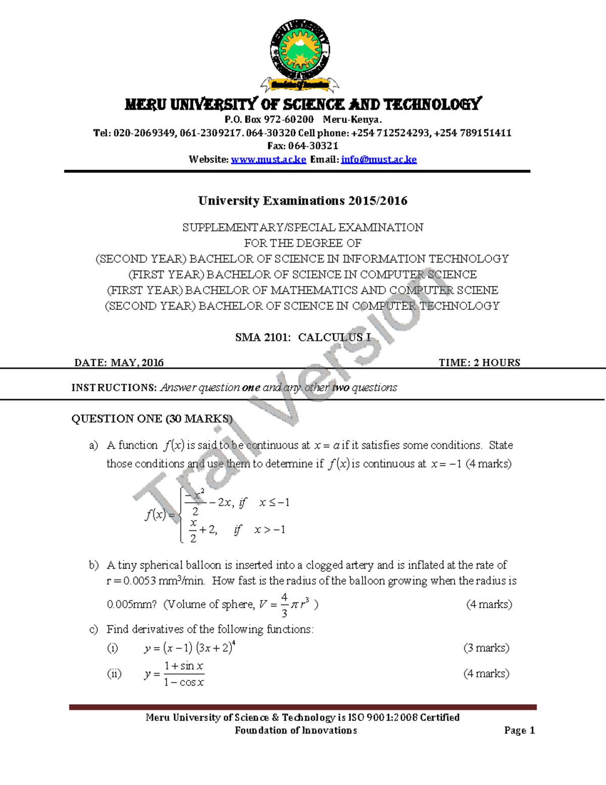 Calculus I questions for SMA 2101 examination, May 2016 - Studocu