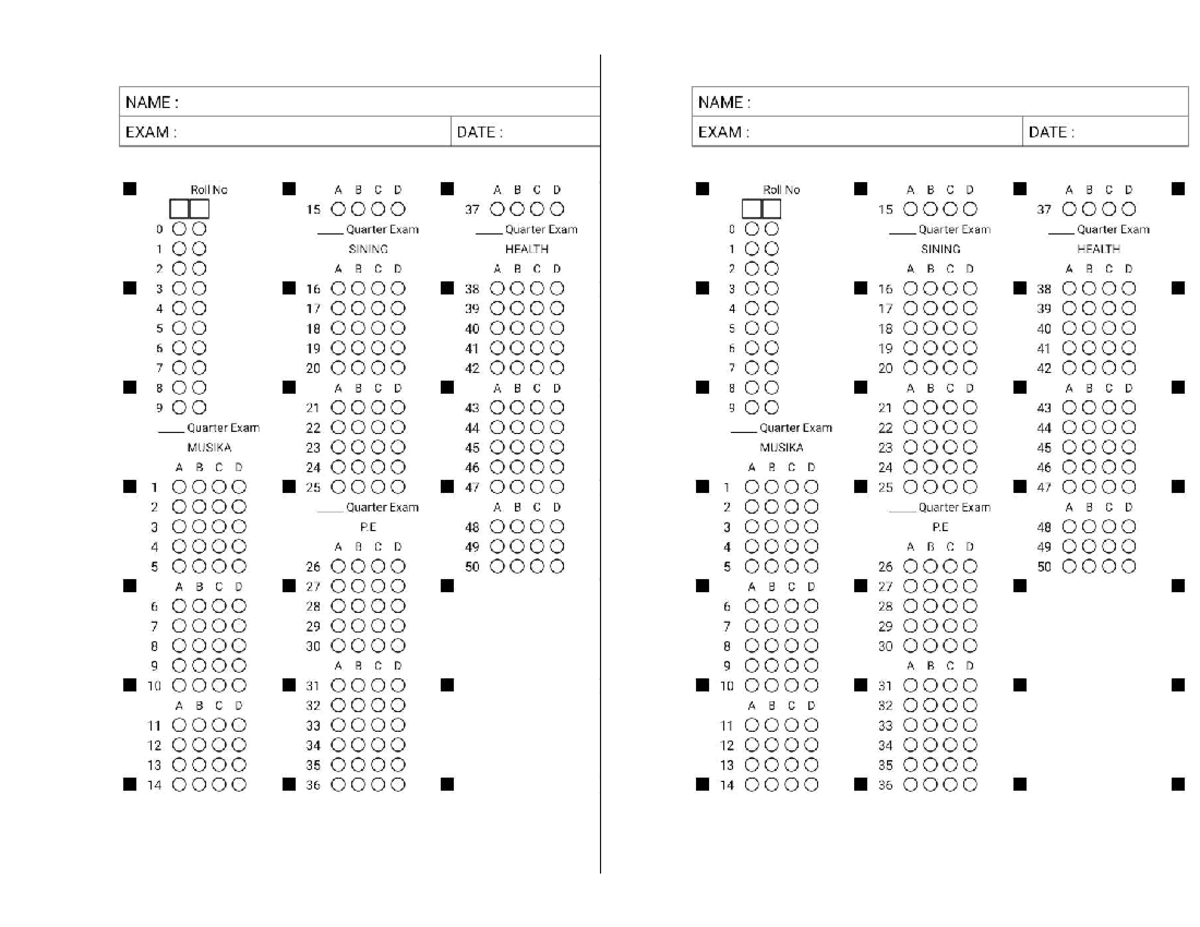 Quarter Exam Answer Sheets for MATH, MAPEH, and ESP - Studocu