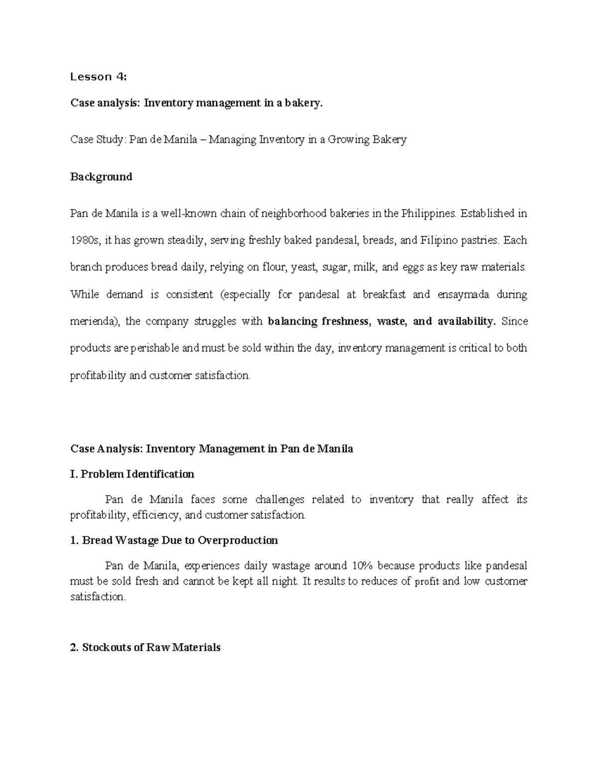 Lesson 4: Case Study on Inventory Management at Pan de Manila - Studocu