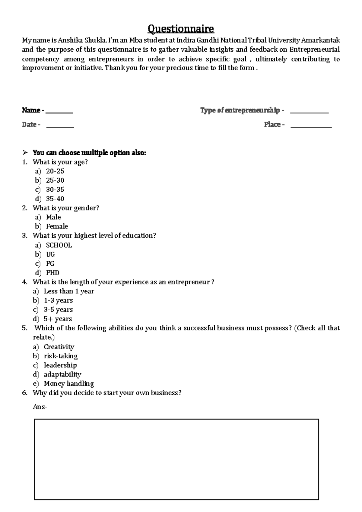 MBA Questionnaire on Entrepreneurial Competency Insights - Studocu