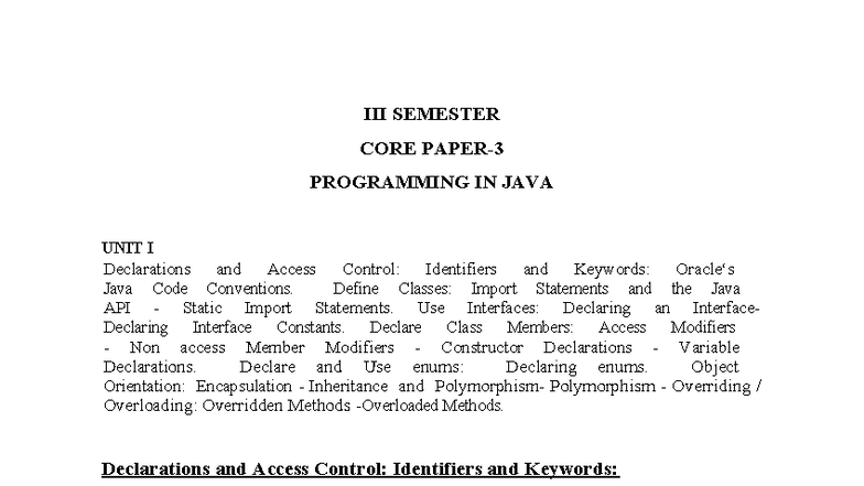 UNIT I - Java Programming: Declarations, Access Control, and Object ...