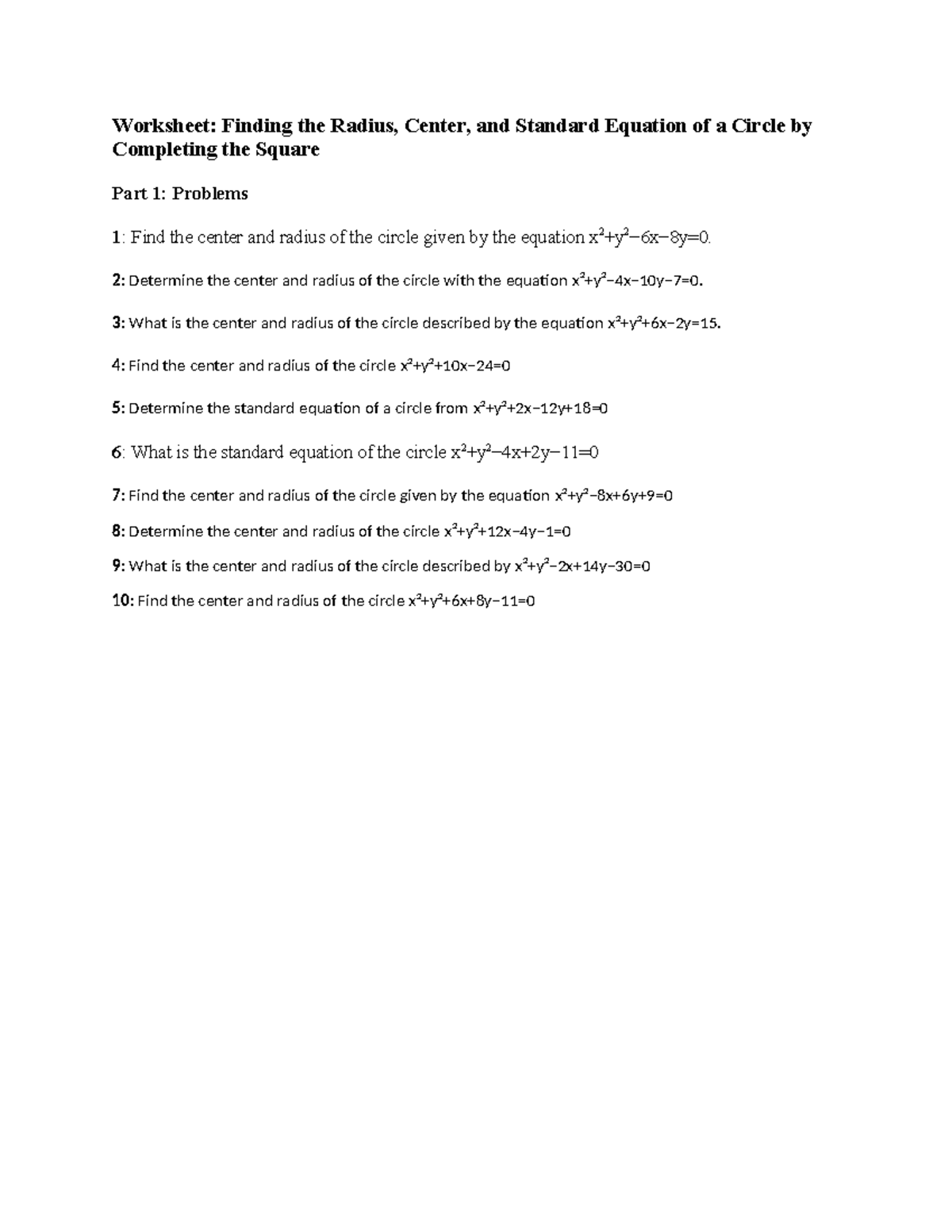 Worksheet: Finding Radius, Center & Equation of a Circle - Studocu