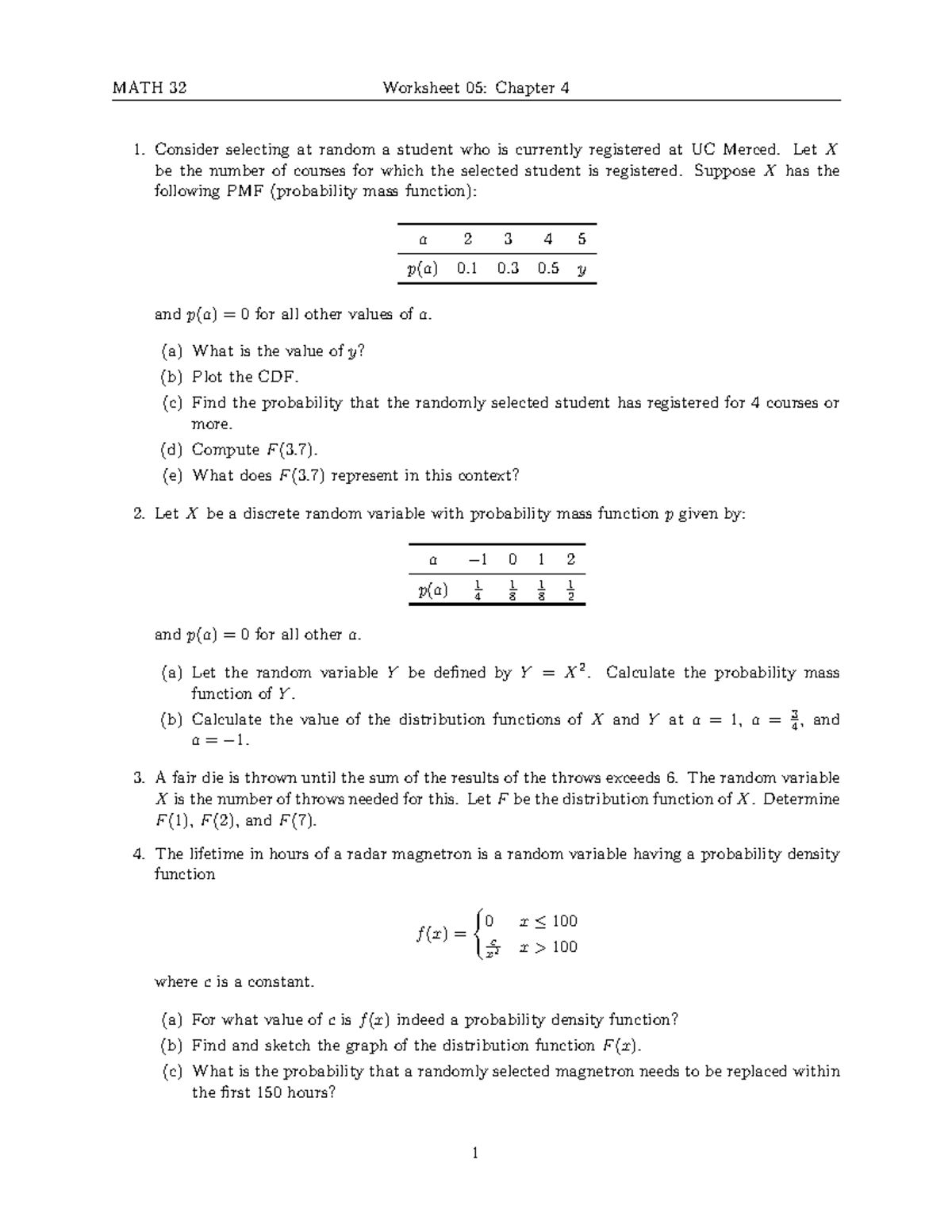 MATH 32 Worksheet 05: Probability Mass Functions & Distributions - Studocu