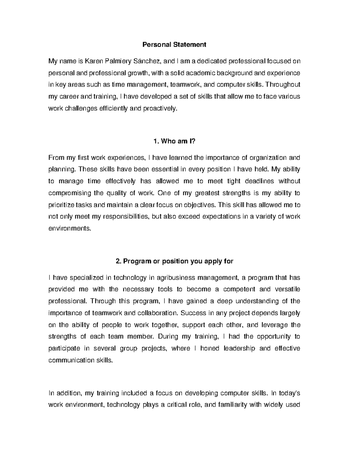 Personal Statement for Agribusiness Management Program - Karen P. - Studocu
