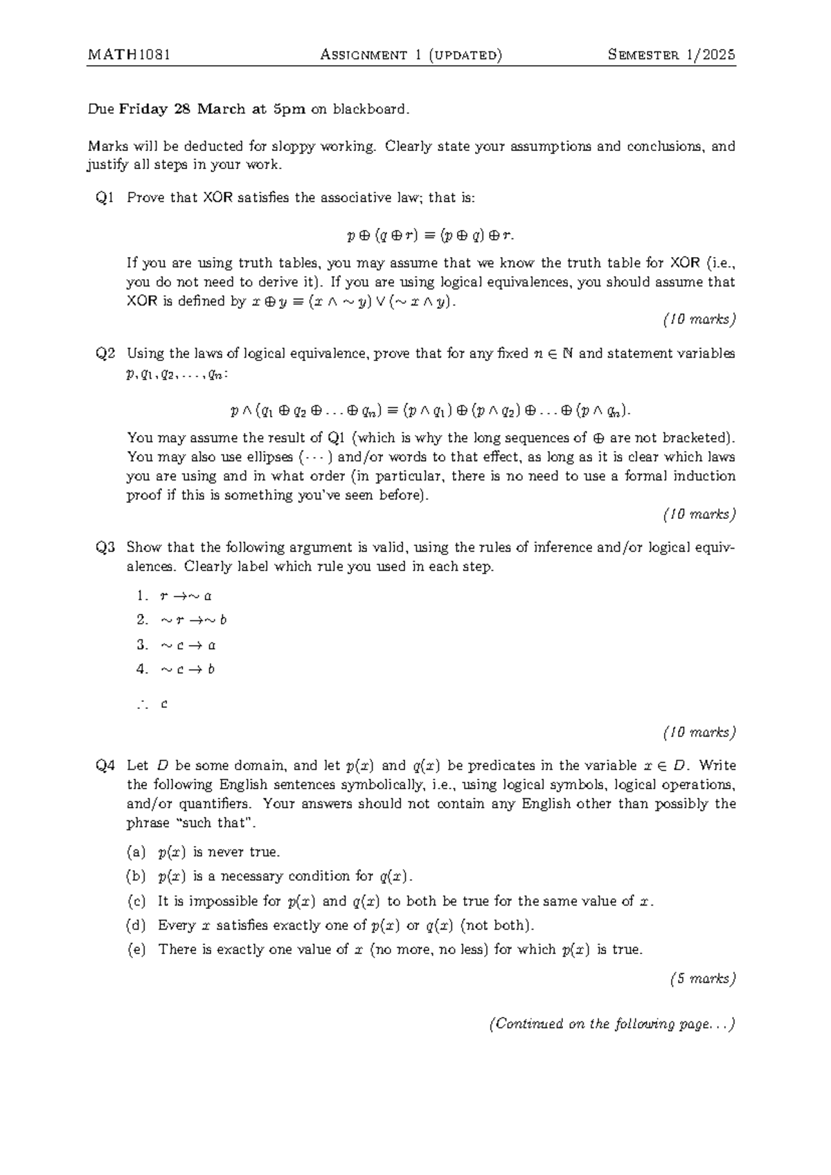 MATH1081 Assignment 1: XOR and Logical Equivalence Proofs - Studocu