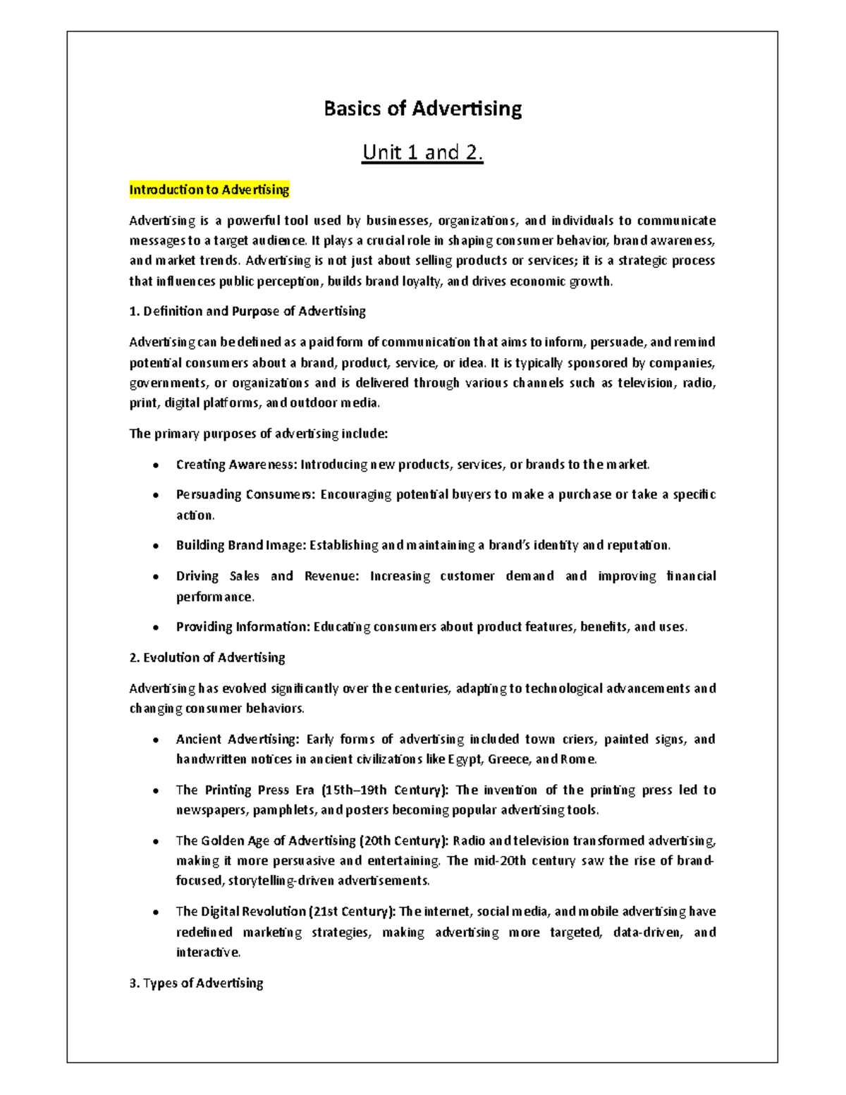 Basics of Advertising: Unit I & II Detailed Study Notes - Studocu