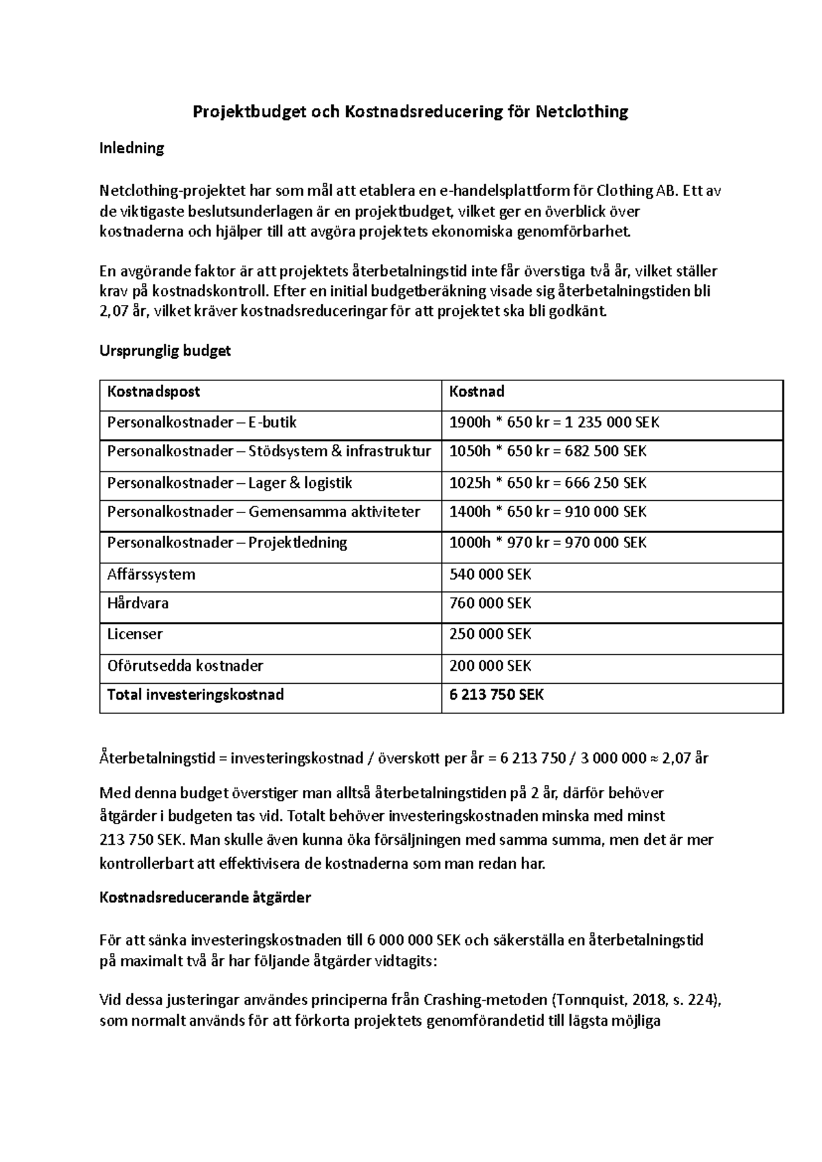 Budget - Netclothing - Projektbudget och Kostnadsreducering för ...