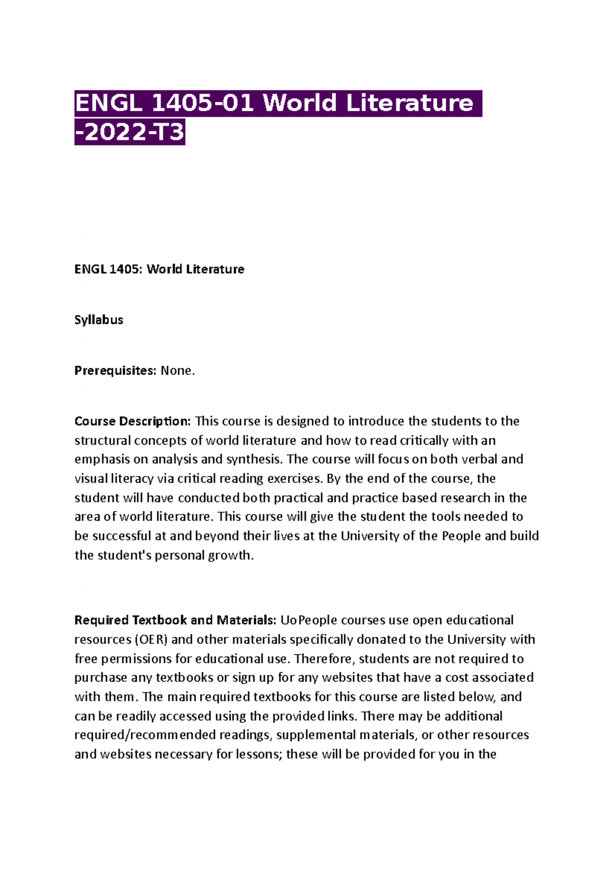 ENGL 1405 World Literature Syllabus - Course Overview and Guidelines ...