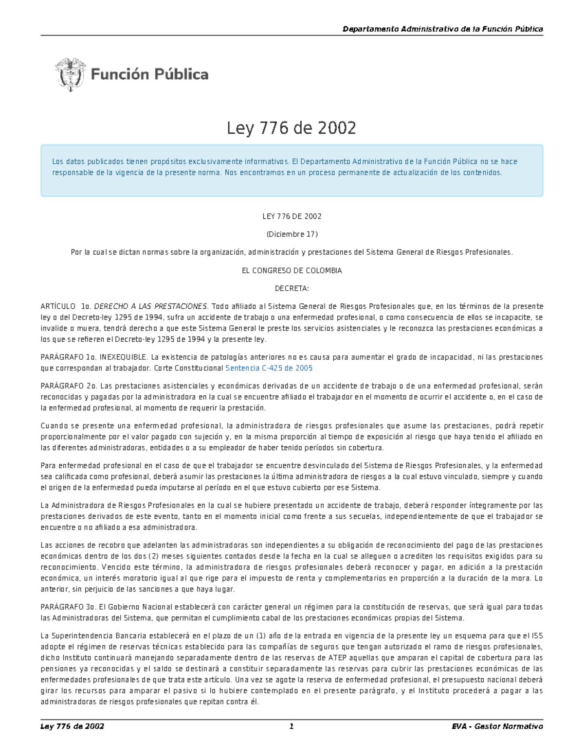 Ley 776 de 2002: Estudio y Análisis del Sistema de Riesgos ...