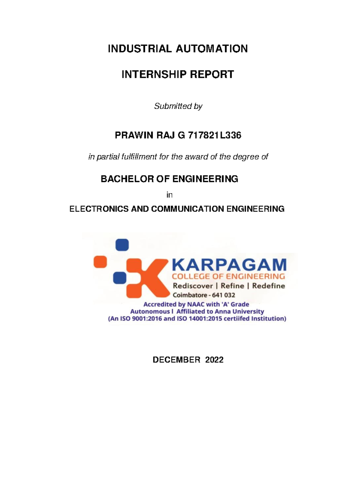Internship Report on Industrial Automation - B.E. ECE 2022 - Studocu