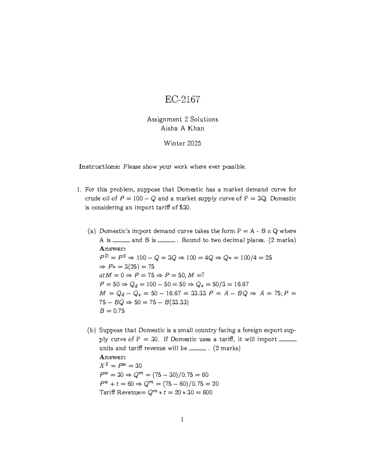 Assignment 2 Solutions: Economics of Tariffs and Trade Analysis - Studocu