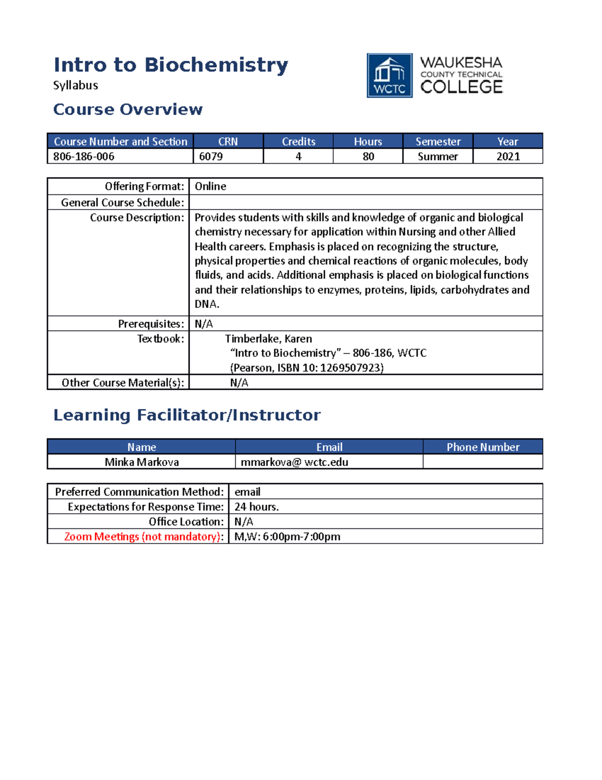Biochemistry Syllabus 806-186-006 for Summer 2021: Course Overview ...