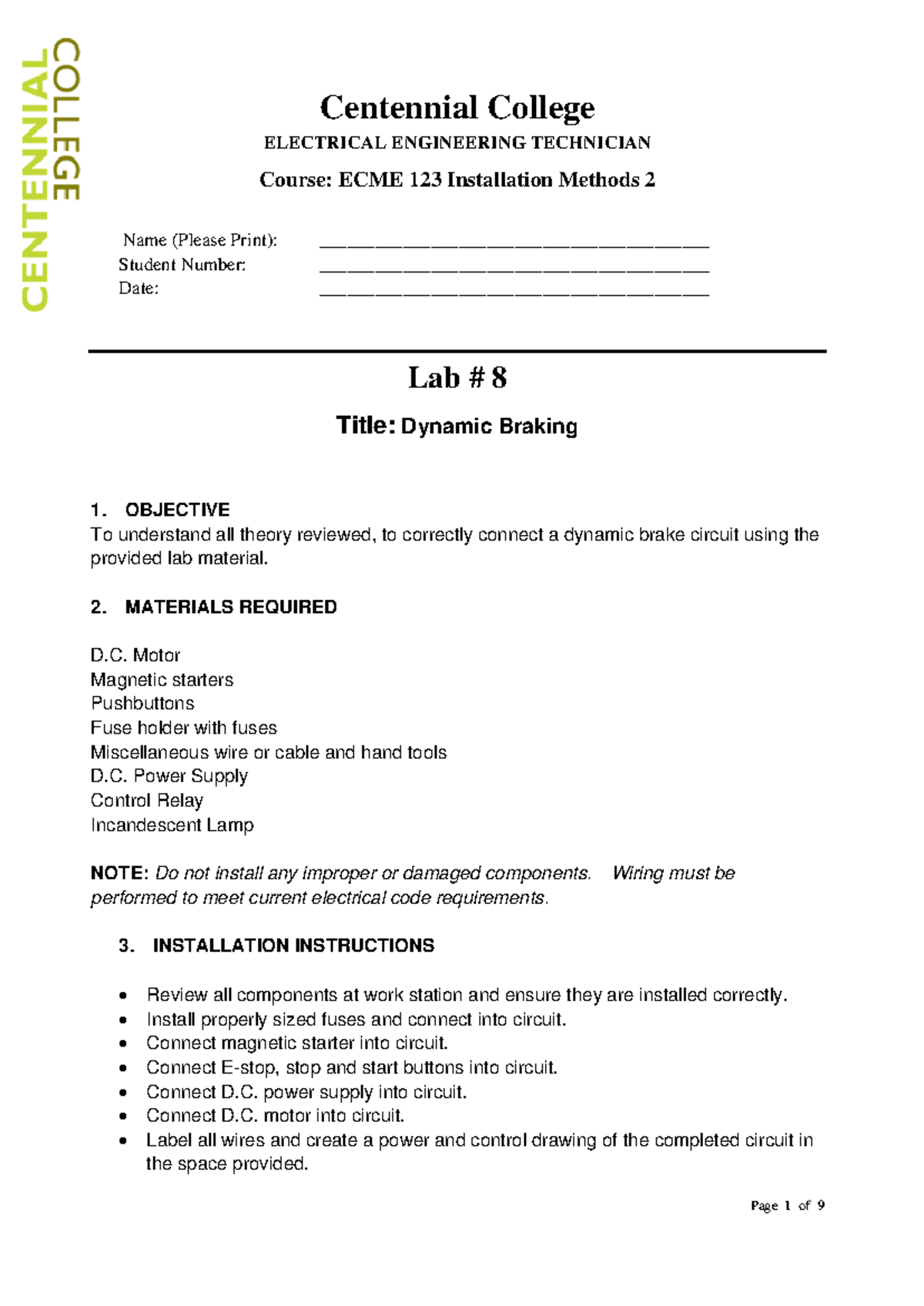 Lab 8 - Motor Braking Methods - Centennial College ELECTRICAL ...
