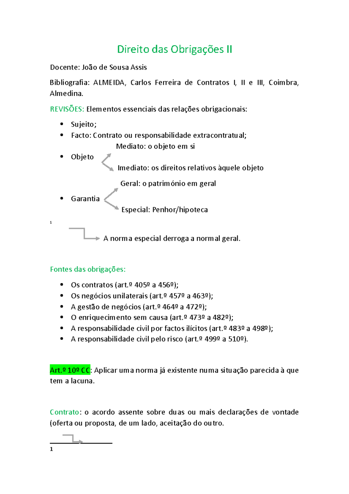 Apontamentos de Direito das Obrigações II - DOII, Prof. João Assis ...