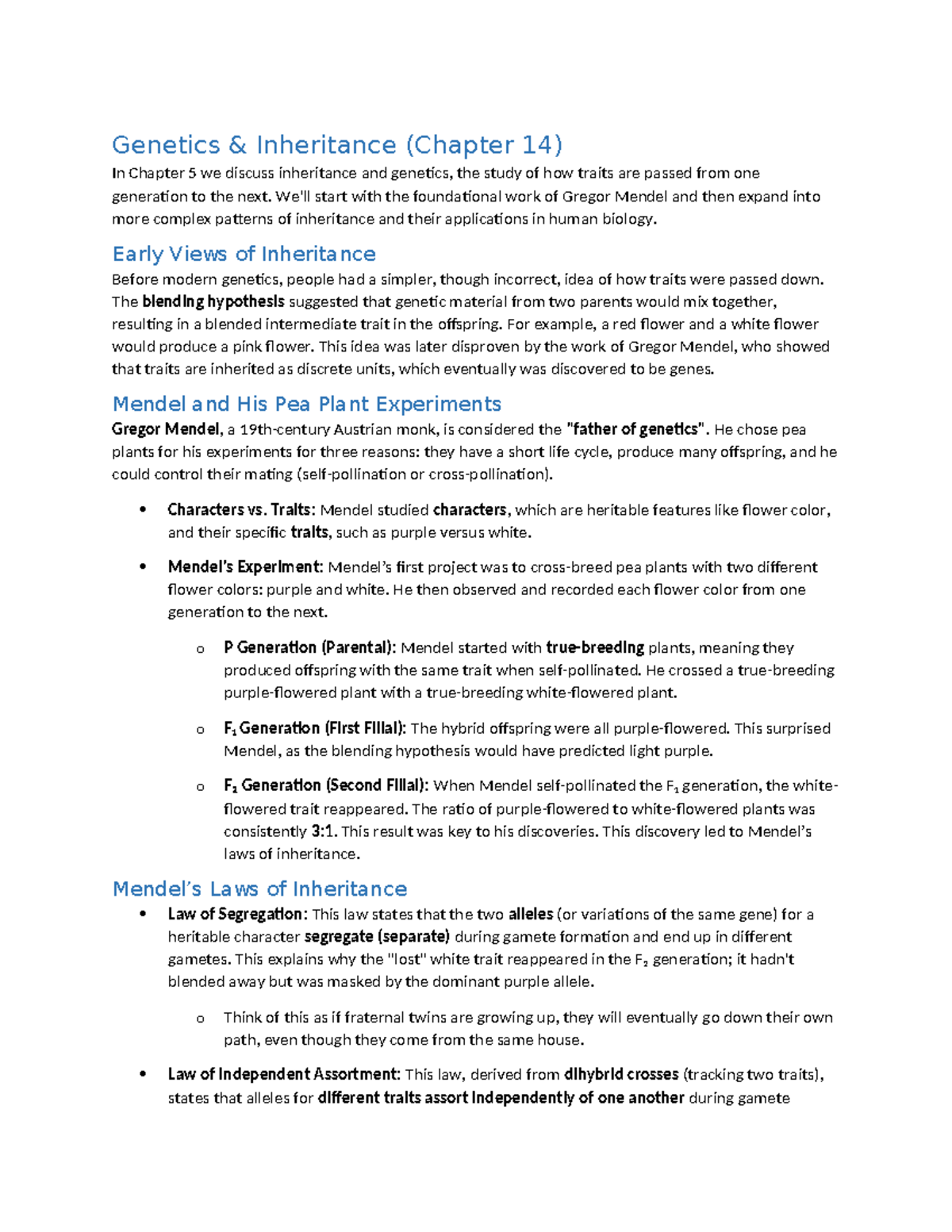Genetics & Inheritance (Chapter 14) Summary: Mendelian Principles - Studocu