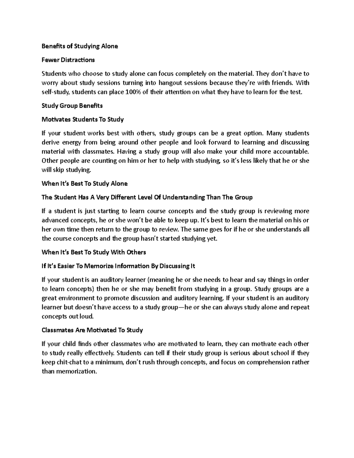 Compare studying alone and in group - Benefits of Studying Alone Fewer ...