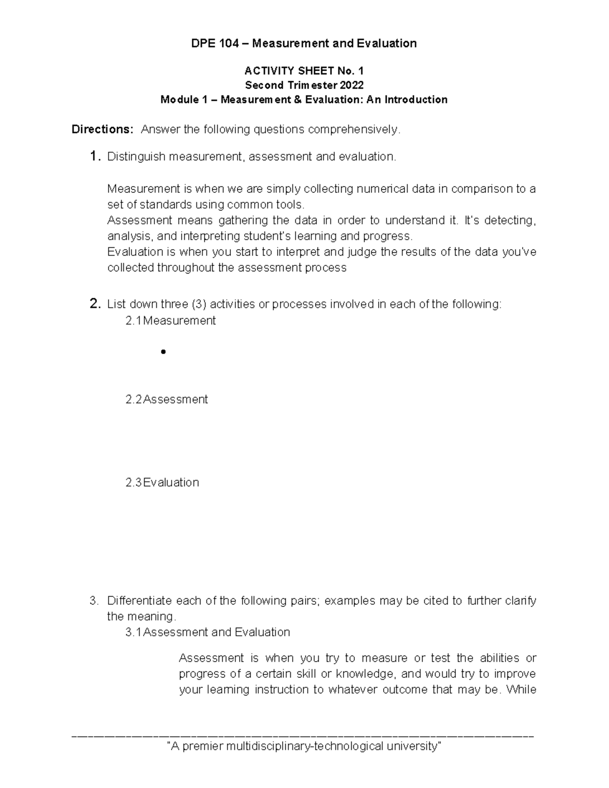 DPE 104 – Measurement and Evaluation DPE 104 – Measurement and ...