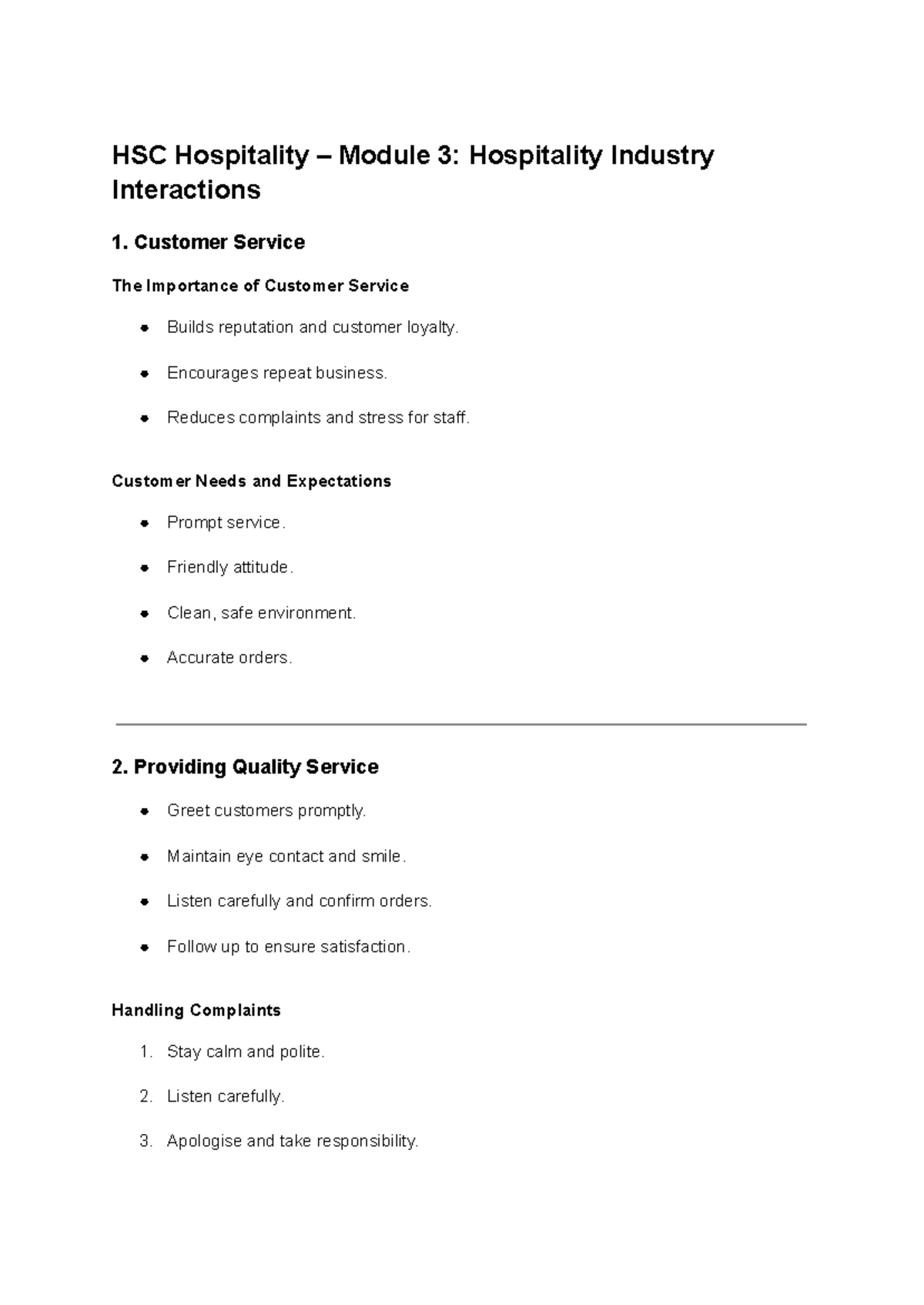 HSC Hospitality Module 3: Customer Service & Industry Interactions ...