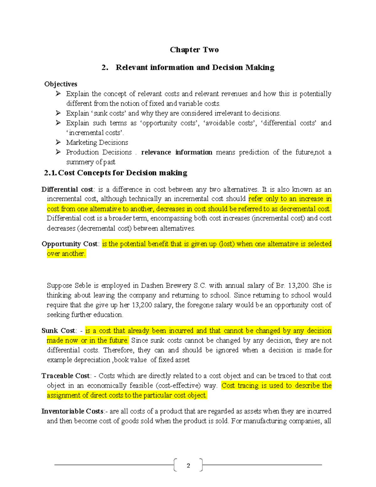 CH 2 - Relevant Information and Decision Making Analysis - Studocu
