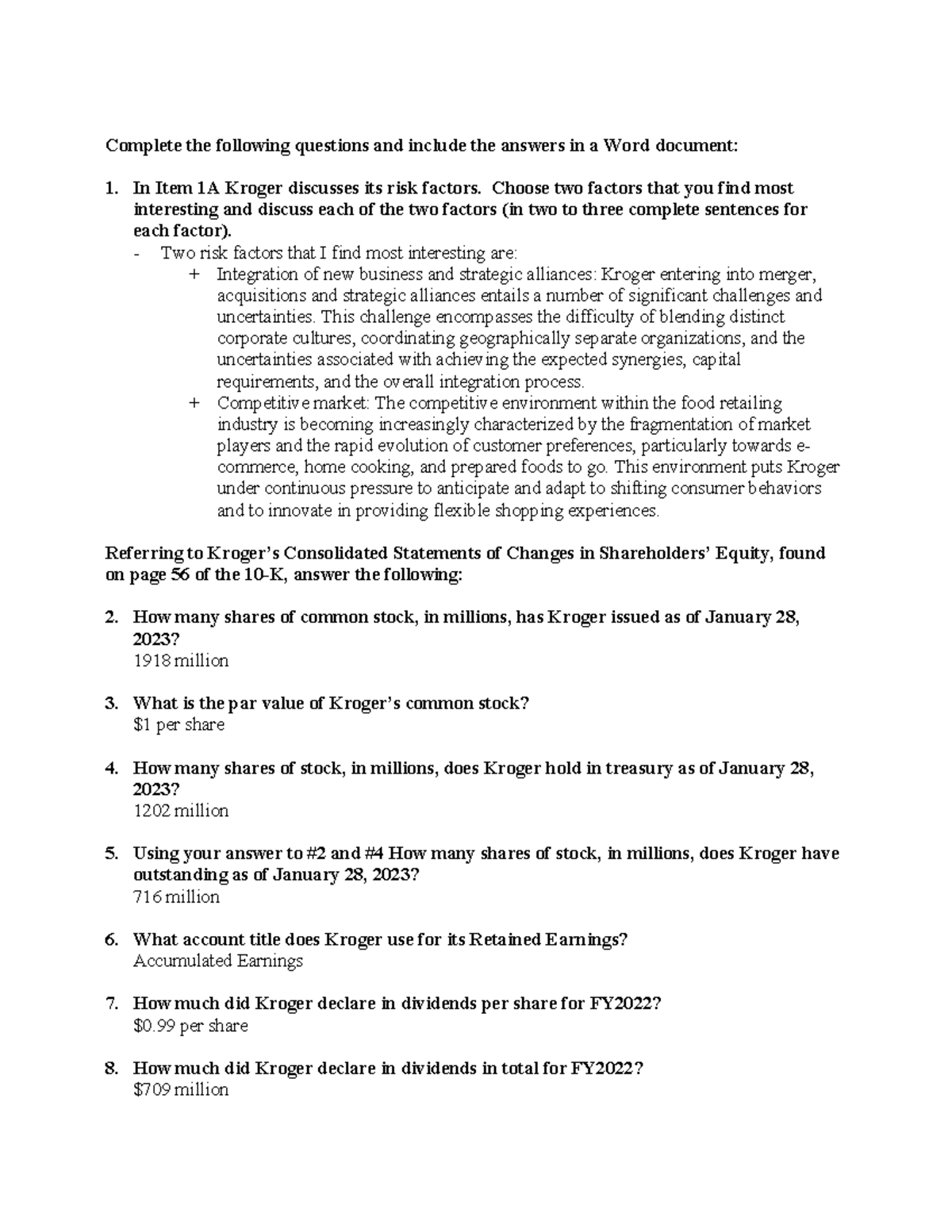 HWK #9 - Analysis of Kroger's Risk Factors and Equity Changes - Studocu