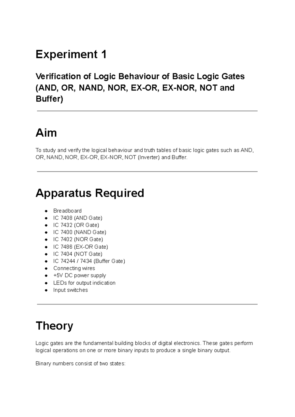 Experiment 1: Verification of Logic Gates Behavior and Truth Tables ...