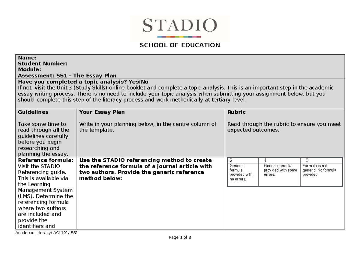 ACL101 Essay Plan Template: Guidelines for Academic Writing - Studocu