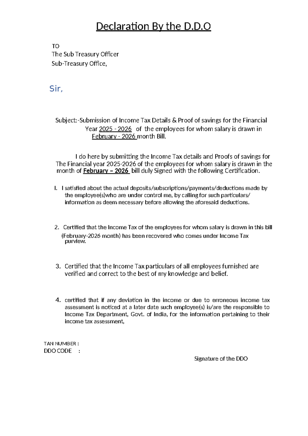 Declaration by DDO for Income Tax Details FY 2025-26 - Studocu